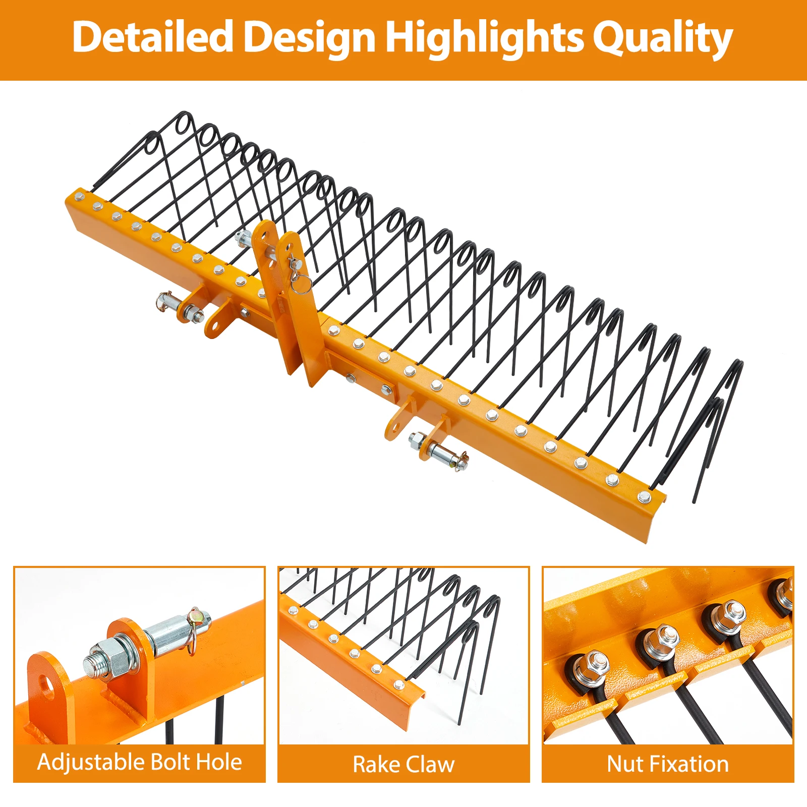 Rust-Proof Dethatcher Rake with Spring Steel Teeth, 60 Inch Width, Wide Range of Uses for Cat 0/1 Tractors