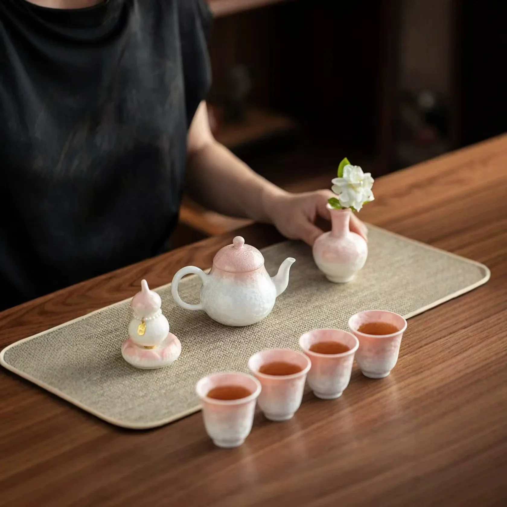 Flower Teapot Kung Fu Tea Set Gradient Crystallized Glaze Ceramic Tea Cup Ornaments Complete Set of Gift Box Business Souvenirs