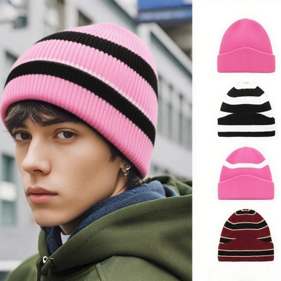 

Fanceey модные полосатые шапки для мужчин, зимняя теплая вязаная женская шапка, шерстяной головной убор с цветными блоками, пуловер унисекс, кепка, подарки