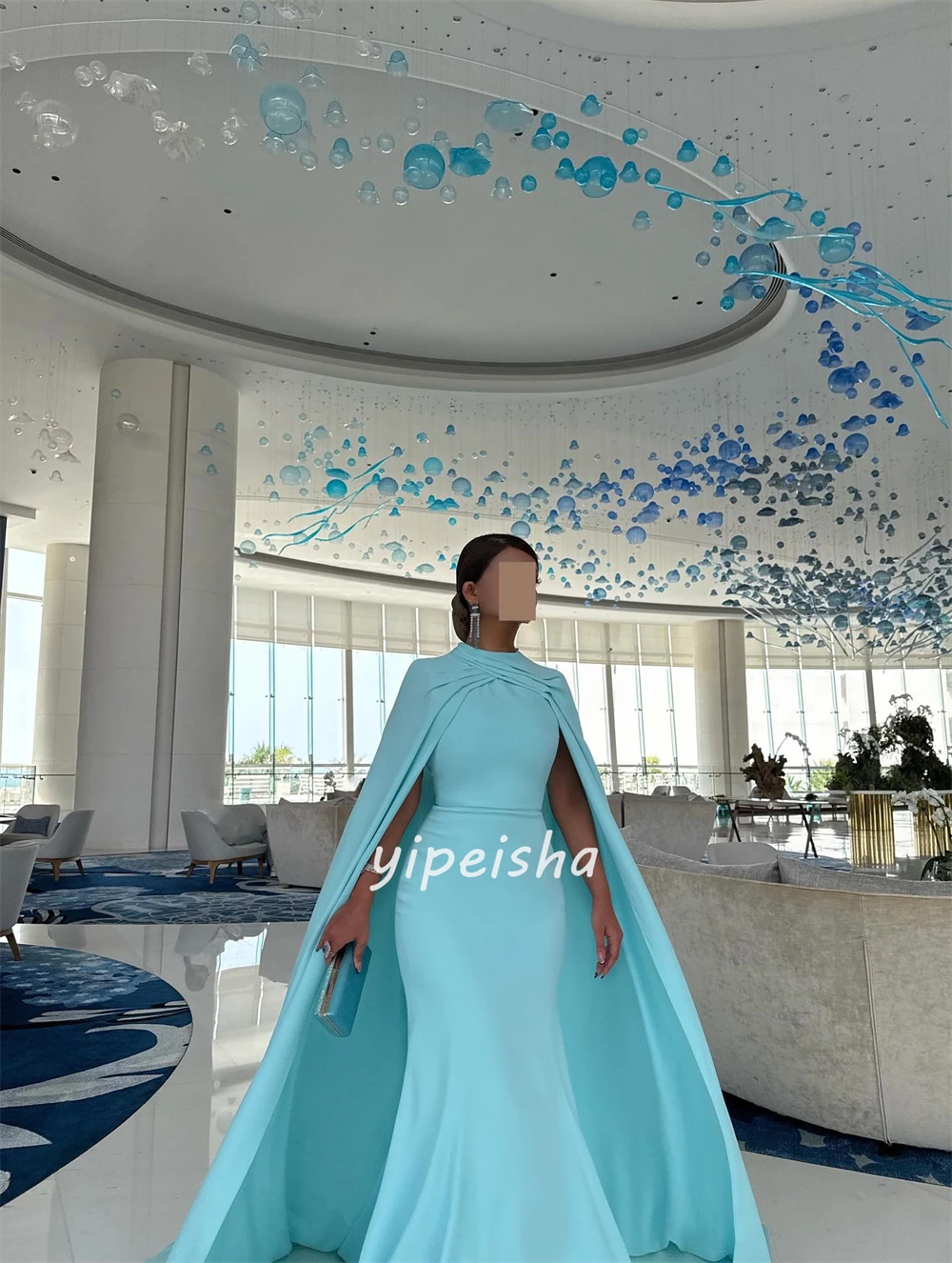 Robes longues personnalisées de Style moderne, Jersey plissé froncé, ligne a, col haut, robes d'occasion sur mesure, élégantes et formelles