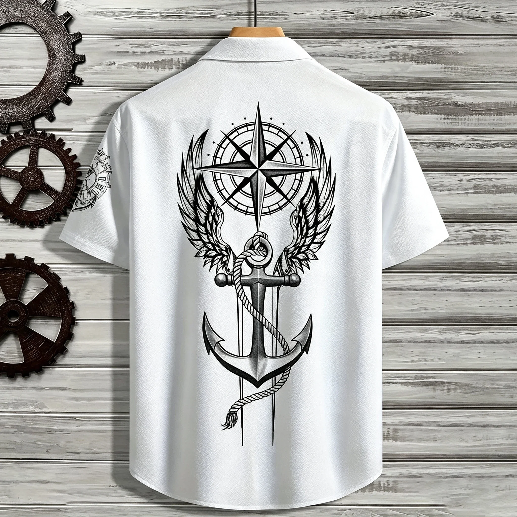 Men's Vintage Nautical Anchor Compass Tattoo Print Hawaiian Shirt Short Sleeve Button Down Summer Casual Beach Oversized Tops