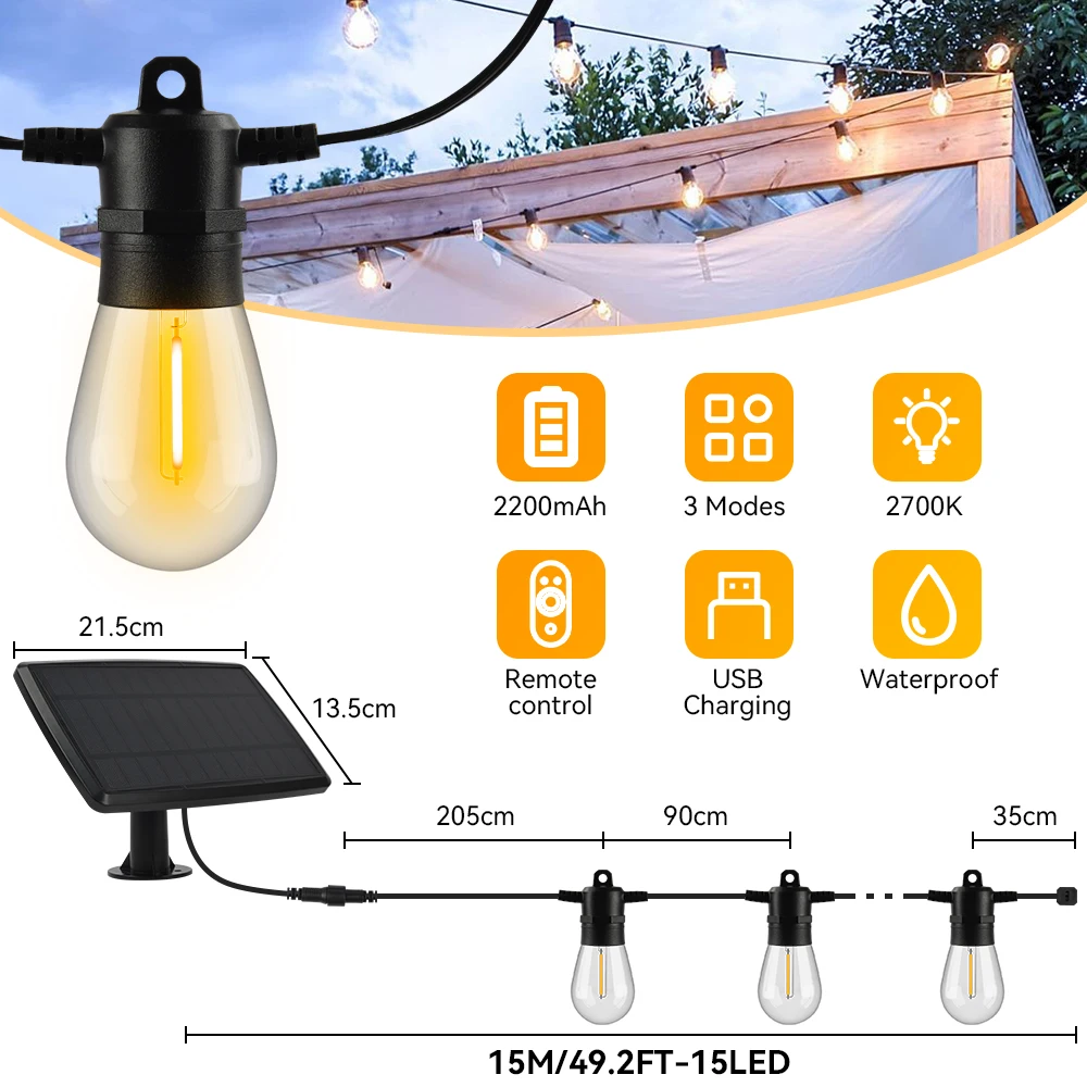 Solar String Lights Outdoor S14 Patio Lights,USB Recharger, ,Shatterproof Bulbs , Weatherproof Hanging Light 50FT 15LEDS