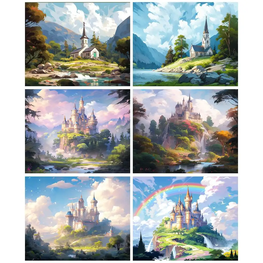 

GATYZTORY Modern Painting By Numbers Forest Castle Landscape Painting Handmade Acrylic Paint With Numbers For Home Decoration