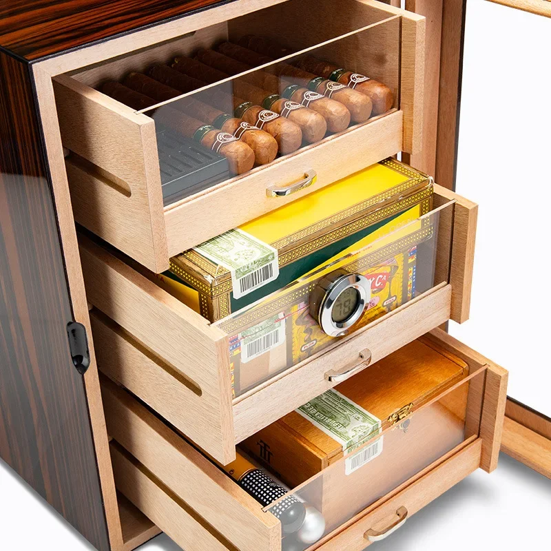 Large-capacity three-layer drawer cigar cabinet piano lacquer fir professional cigar moisturizing box with hygrometer