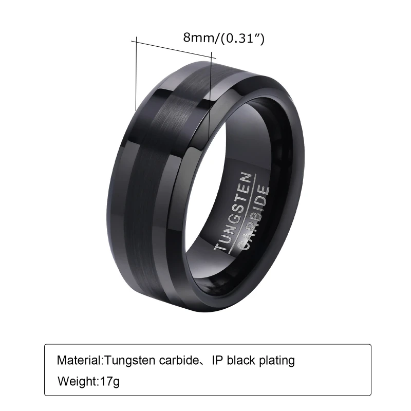 Somen Men Tungsten Carbide Ring Black Brushed 8mm Wedding band