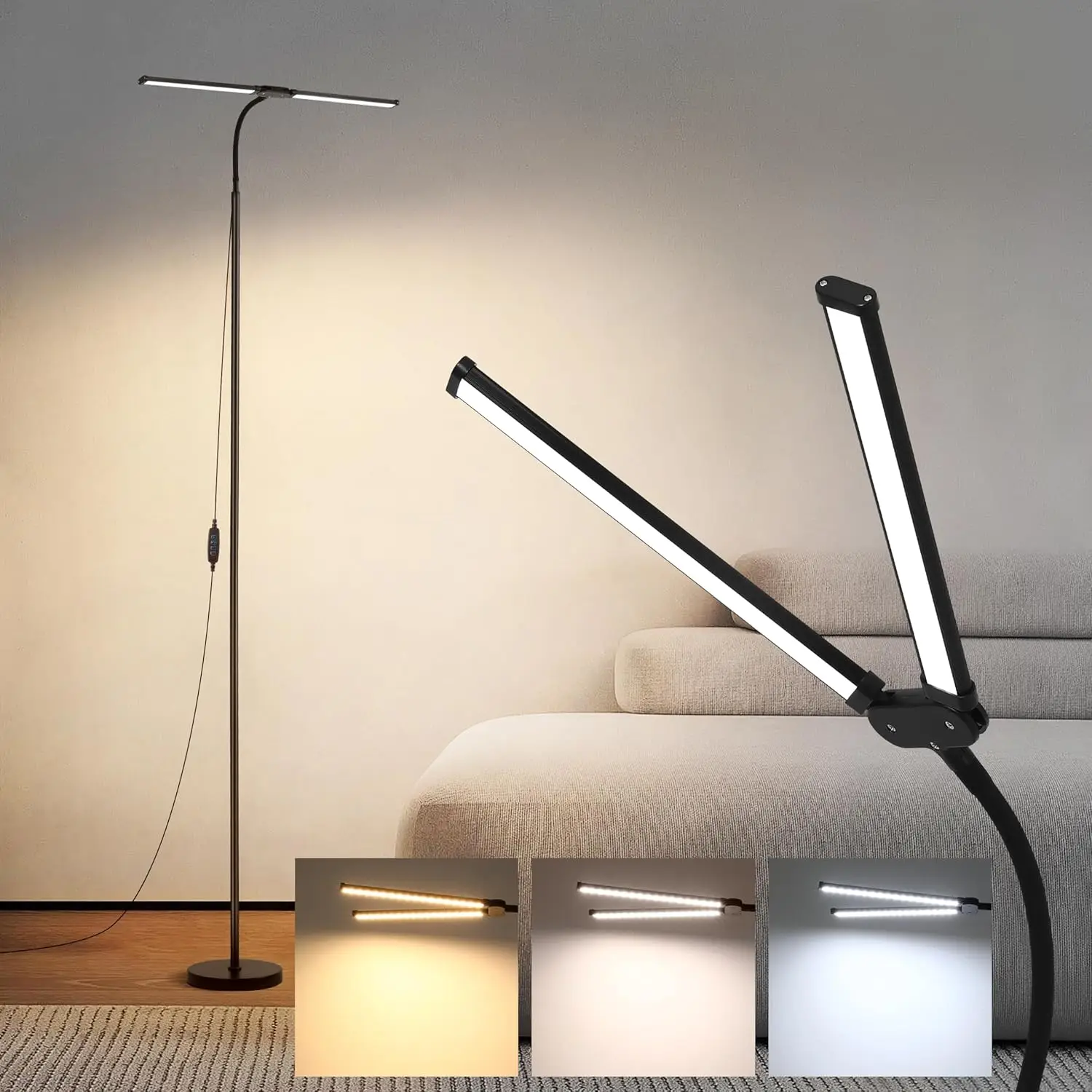 

LED Floor Lamp, 18W, 3 Color Modes, 10 Brightness Levels, Adjustable Gooseneck, 4 Detachable Poles, USB Reading Lamp