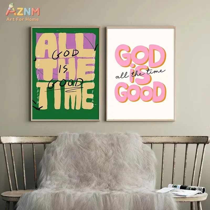 AZNM God Is Good All The Time Canvas Wall Art, Frameless Canvas Print Colorful Bold Christian Faith Text Art for Bedroom Home De