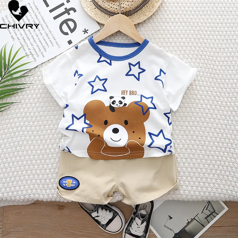 Neue 2023 Jungen Sommer Kurzarm Rundhals Cartoon Bär T-shirt Tops mit Shorts Kleidung Kinder Baby Junge Mode Kleidung sets