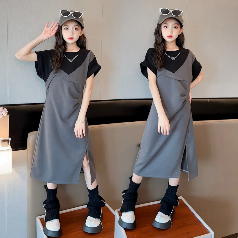 2025 الكورية الصيف المراهقات فتاة فستان من قطعة واحدة الأطفال فتاة التباين فستان مستقيم فساتين الاطفال فستان أنيق لفتاة