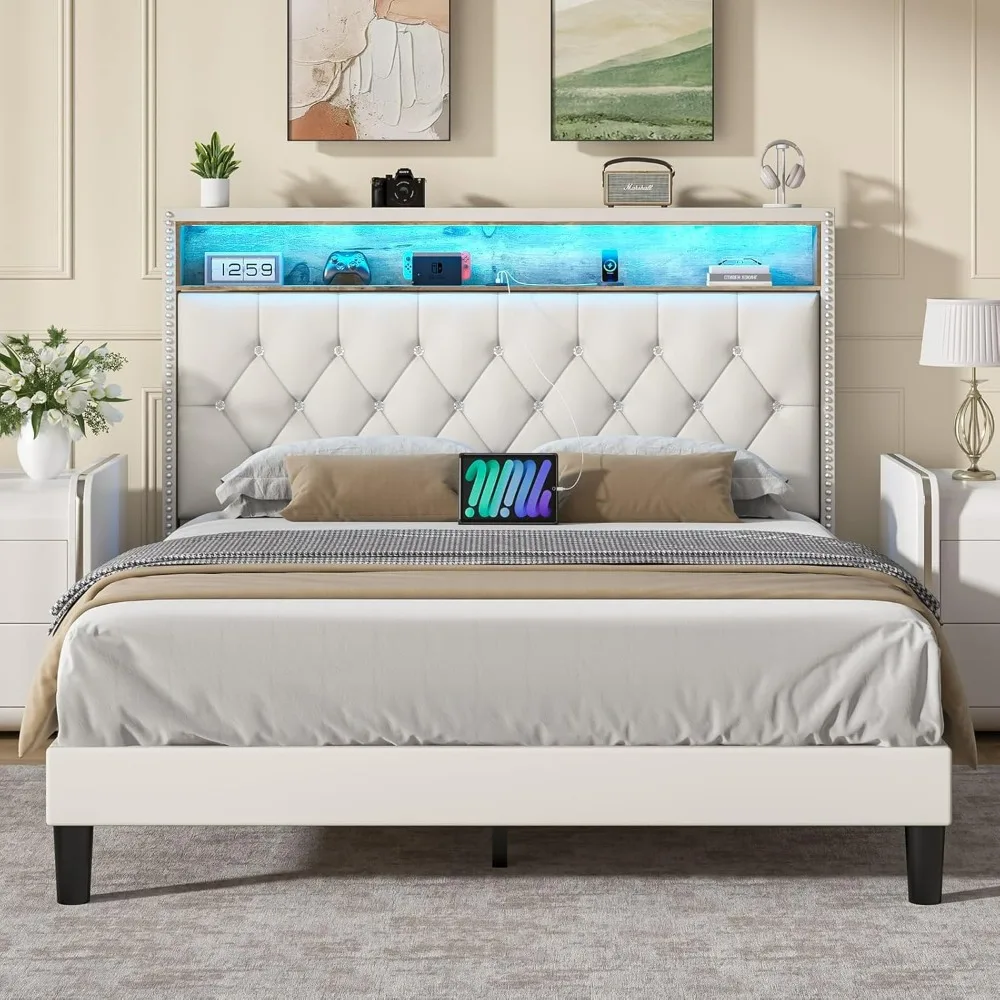 Queen Bed Frame with LED Lights, Velvet Upholstered Bed  Storage Headboard, Modern Bed Frame with Diamond Design