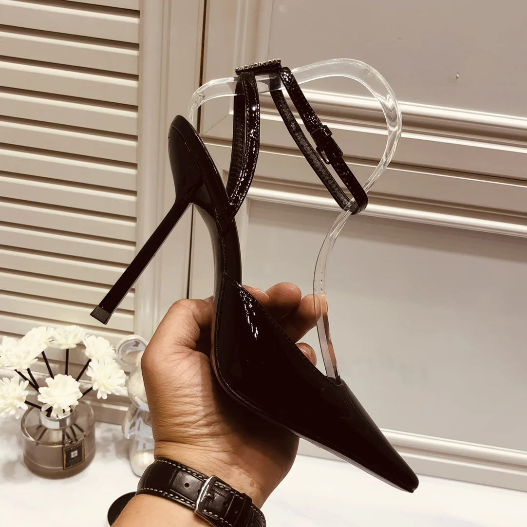 

Crystal Ankle Strap Women Sandals Slingback Patent Leather Fashion Sexy Pumps Thin Heel Pointed Rhinestone Back Strap Bling Shoe