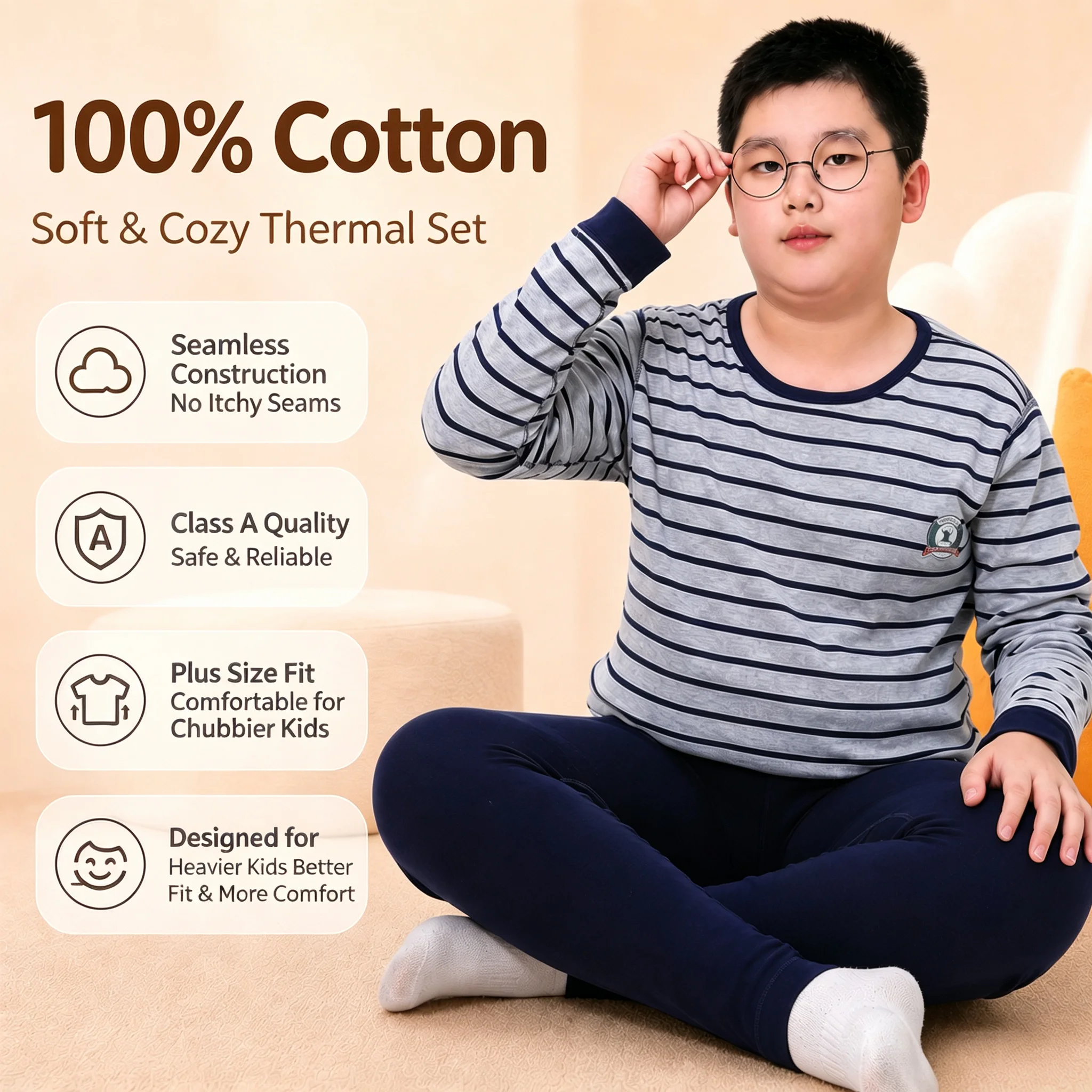 A Set 100% Cotton Large Size Boys and Children Keep Warm and Fattened in Winter Wear Long Clothes and Trousers Youth Long Johns