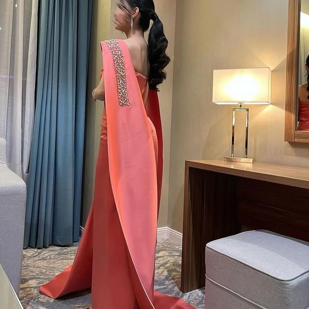 

Long Beaded Evening Gowns Watteau Train Solid Color Boat Neck Sleeveless Straight Shawl Zipper Back Dresses For Formal Occasion