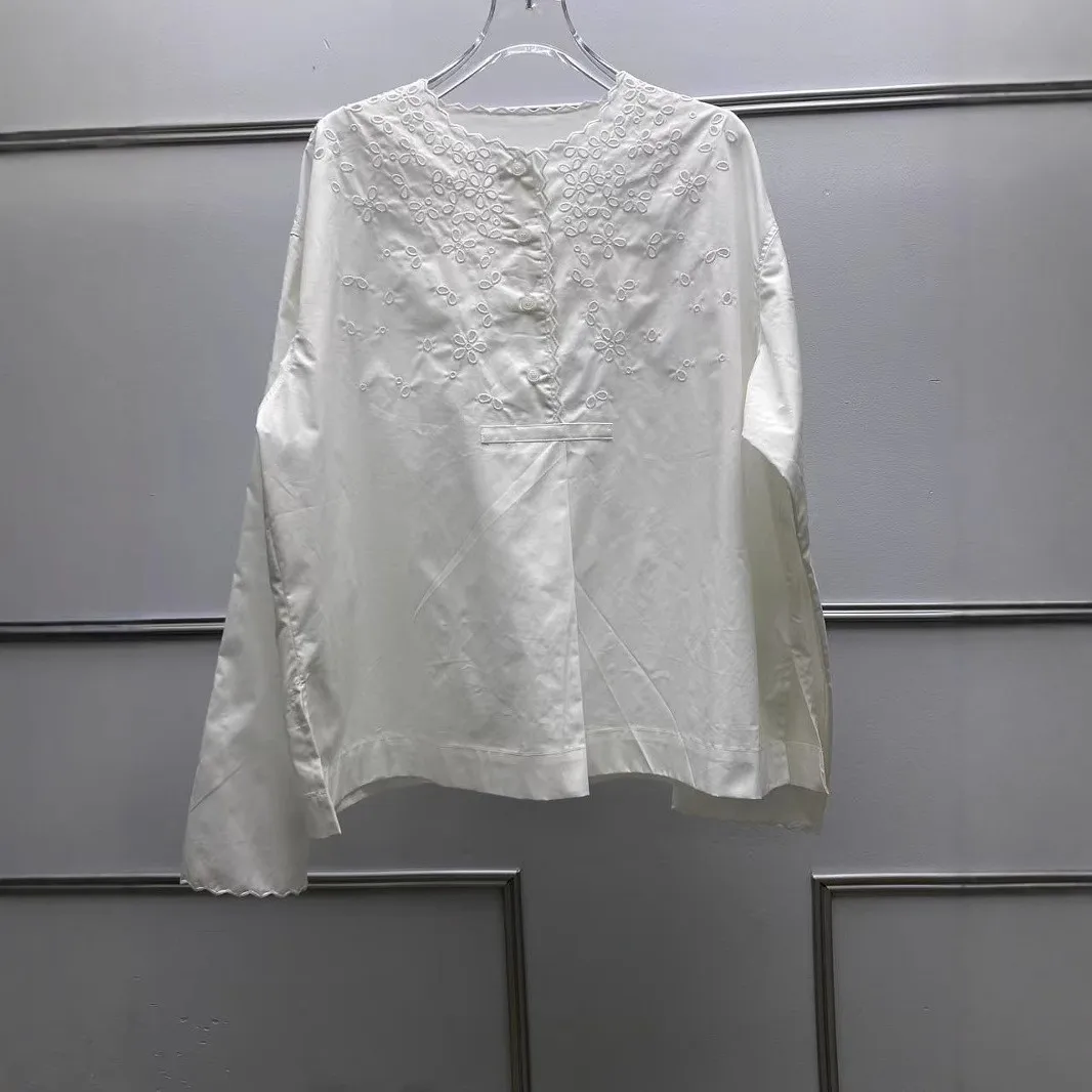 2025 Summer Shirt New Vintage Chinese Style Embroidery Hollowed Out Yankee Loose Gear Edge Round Neck Shirt