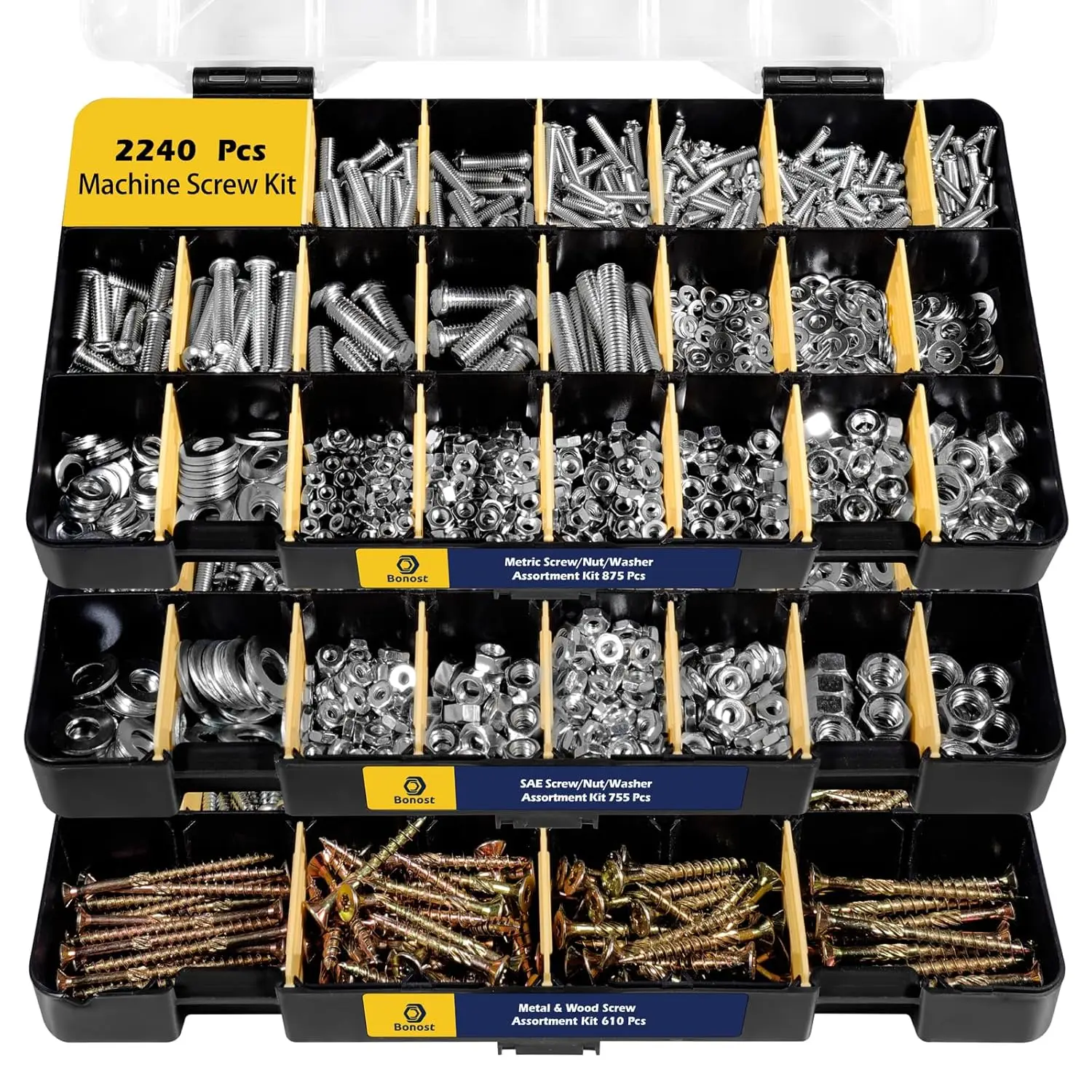 2240 Pieces Hardware Assortment Kit - Metric & SAE Machine Screw Assortment Kit with Assorted Nuts, Bolts, and Washers (3 Trays)