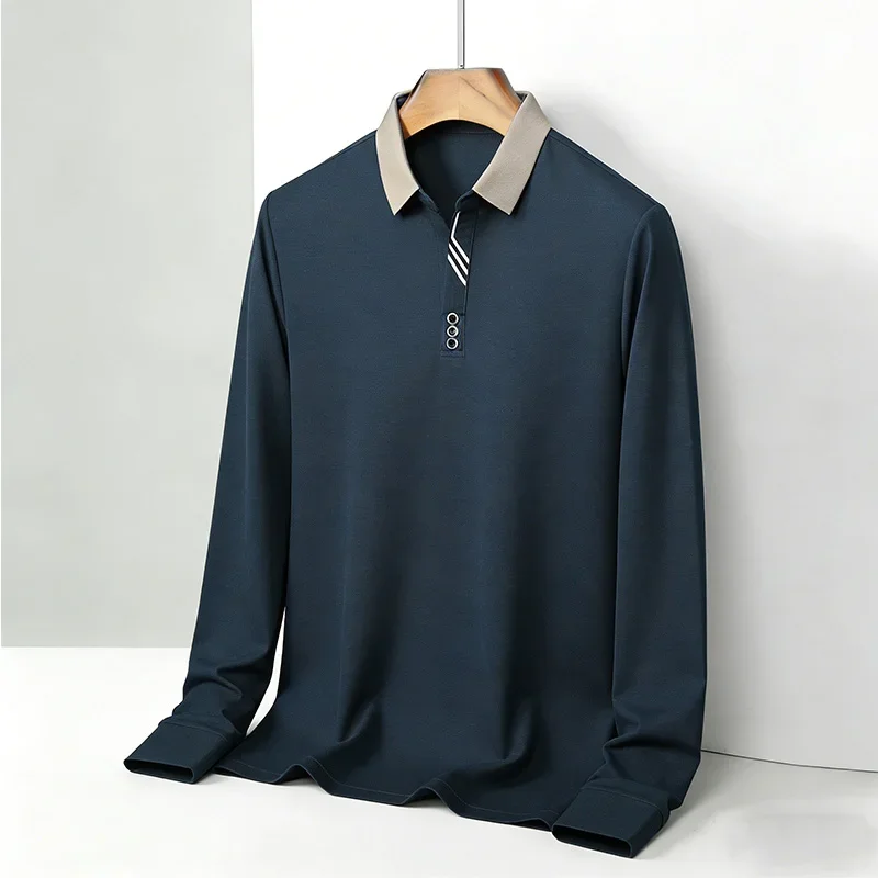 Contrast Collar Men's Polo Shirts Long Sleeve Striped Placket Casual Business Autumn Winter Tees