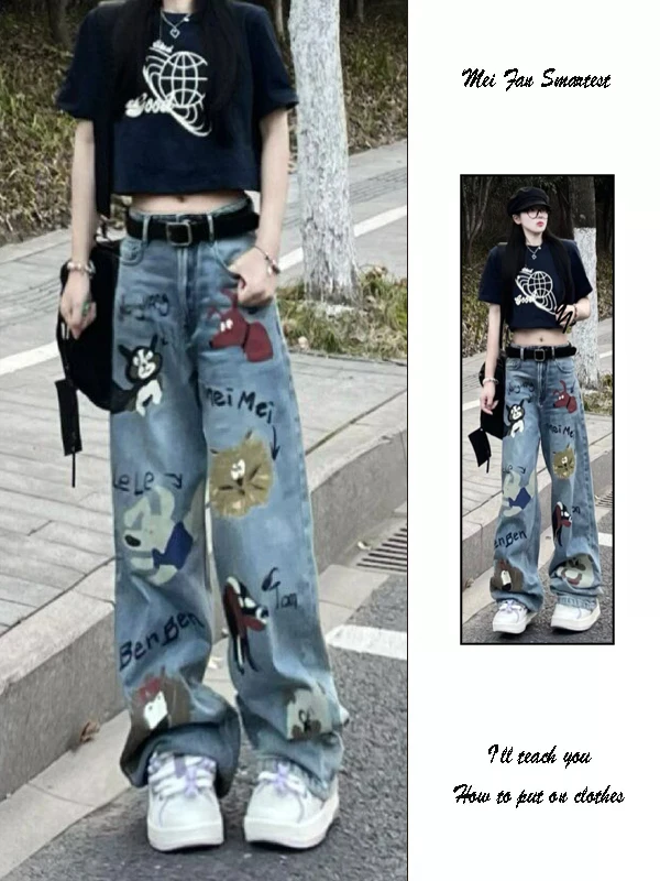 High Waist American Retro Graffiti Print Women's Jeans Loose Straight Leg Floor-Length Trousers Autumn Design Sensation 