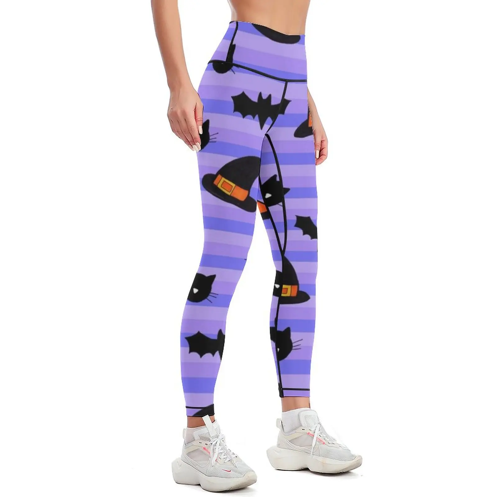 Cats, Bats and Hats Halloween Pattern on Purple Leggings sport legging Women's high waist Womens Leggings