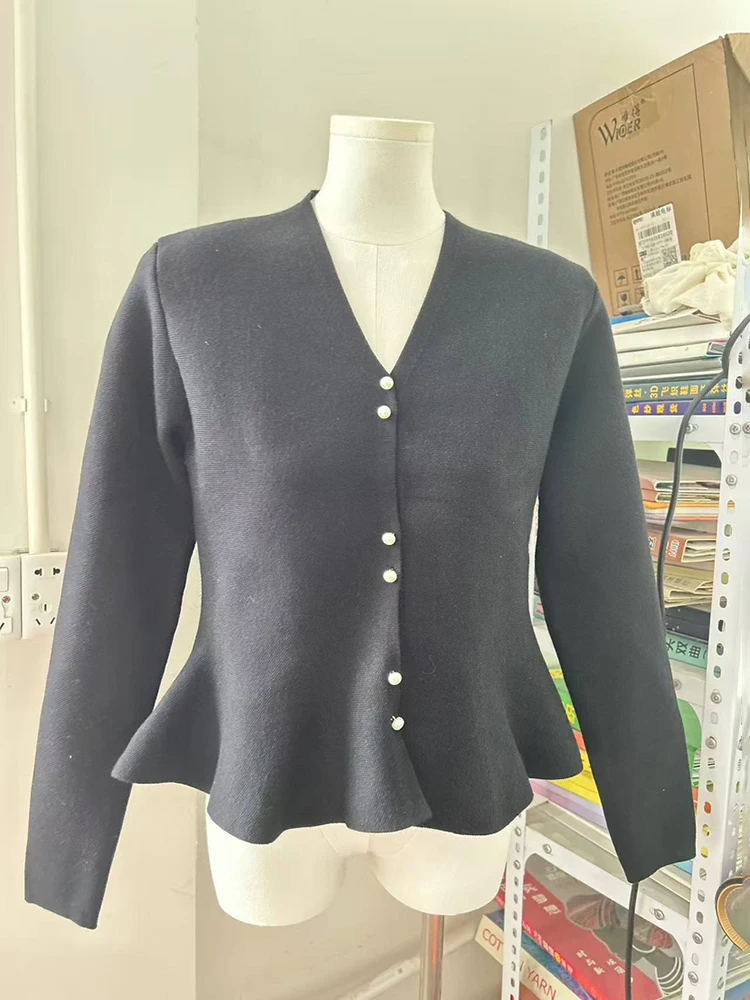 Tornova طويلة الأكمام لوتس ليف سوينغ سترة مشغولة من الصوف المرأة الصلبة الخامس الرقبة ضئيلة واحدة الصدر أنيقة متماسكة سترة معطف الإناث #6