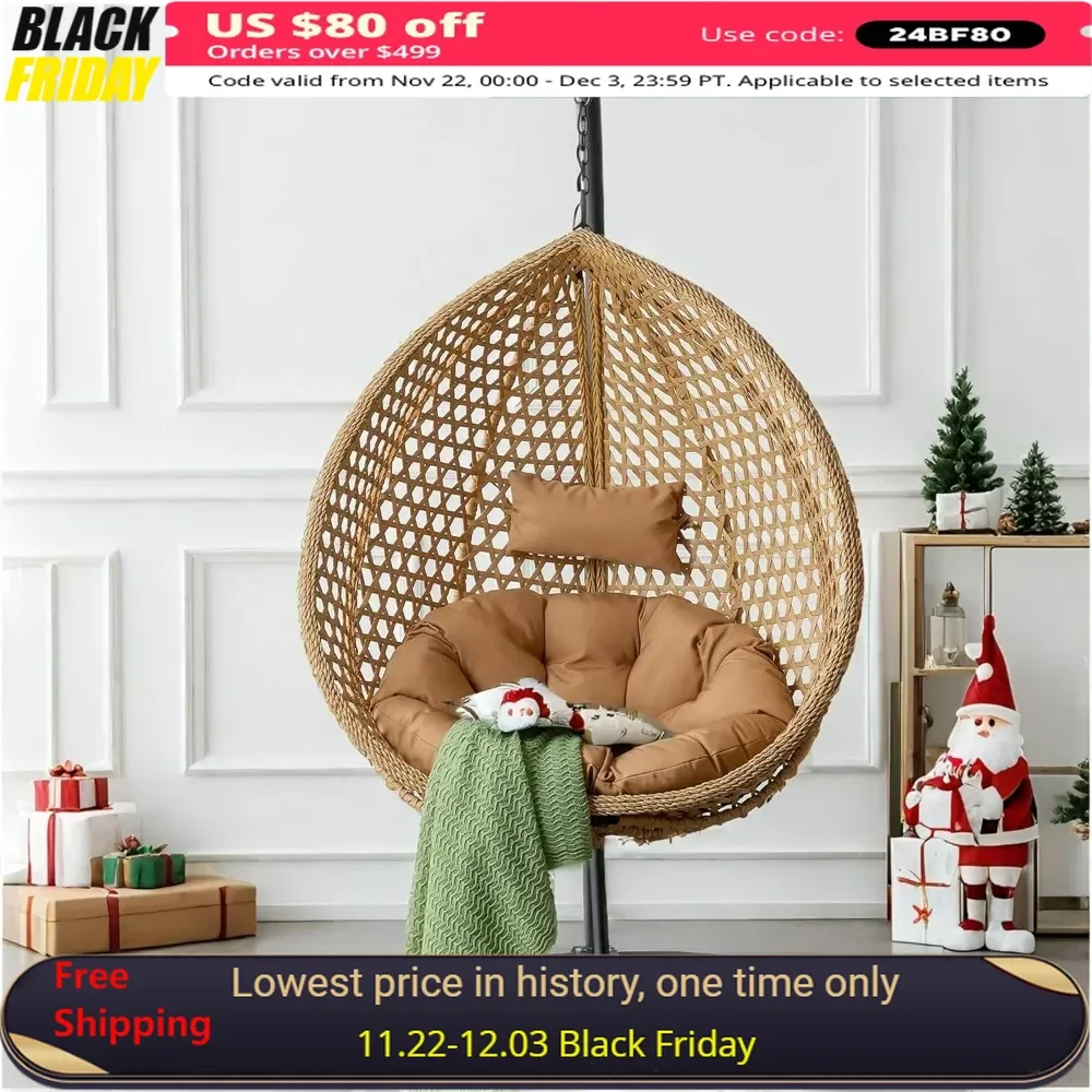 Hanging Egg Chair Outdoor, Hammock Swing Chair with Cushions and Pillow 300lbs Capacity for Porch, Patio, Bedroom, Balcony Khaki