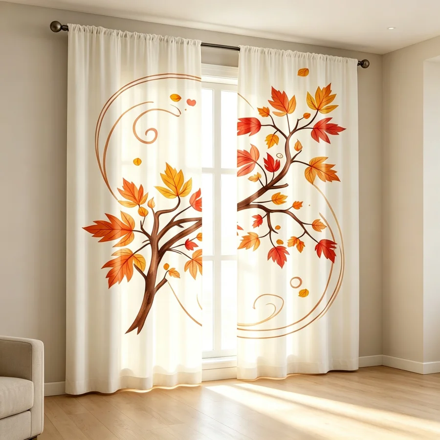 2PCS Digital Print Curtain, Curved Arc Shaped Maple Leaves, Modern Abstract Autumn Style for Living Room Bedroom Decor