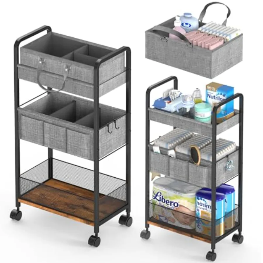 

2In1 Baby Diaper Caddy and 3-Tier Rolling Diaper Cart Diaper Caddy Organizer Cart with Dividers Mobile Metal Utility Cart for N