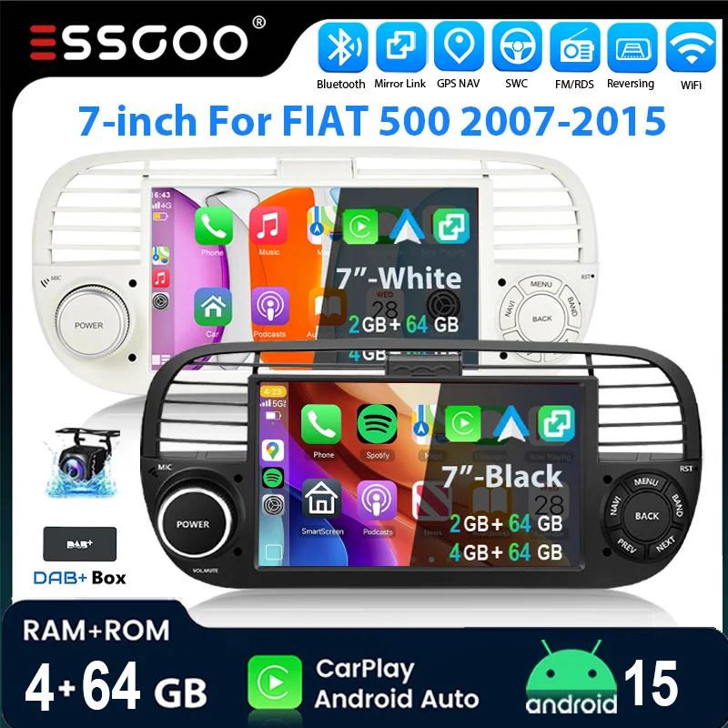Autoradio ESSGOO Android15 7" 4+64G/2+64G per Fiat 500 2010-2015 Touchscreen Capacitivo Navigazione GPS CarPlay Wireless Android Auto Bluetooth RDS WiFi FM Controlli al Volante Mirror Link