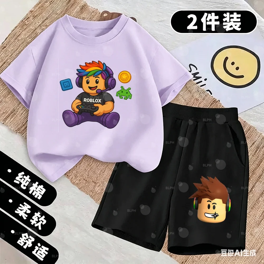 Conjunto de Camisetas para Crianças com Estampa de Personagem Fofo do Roblox, Controle de Jogo, Moeda e Design de Arte em Pixel para Jovens Gamers