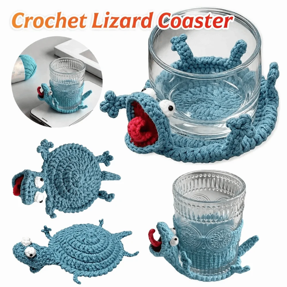 Pressable Crochet Lizard Coasters Creative Cartoon Drink Insulation Pad Stress Relief Novelty Knitted Animal Coaster
