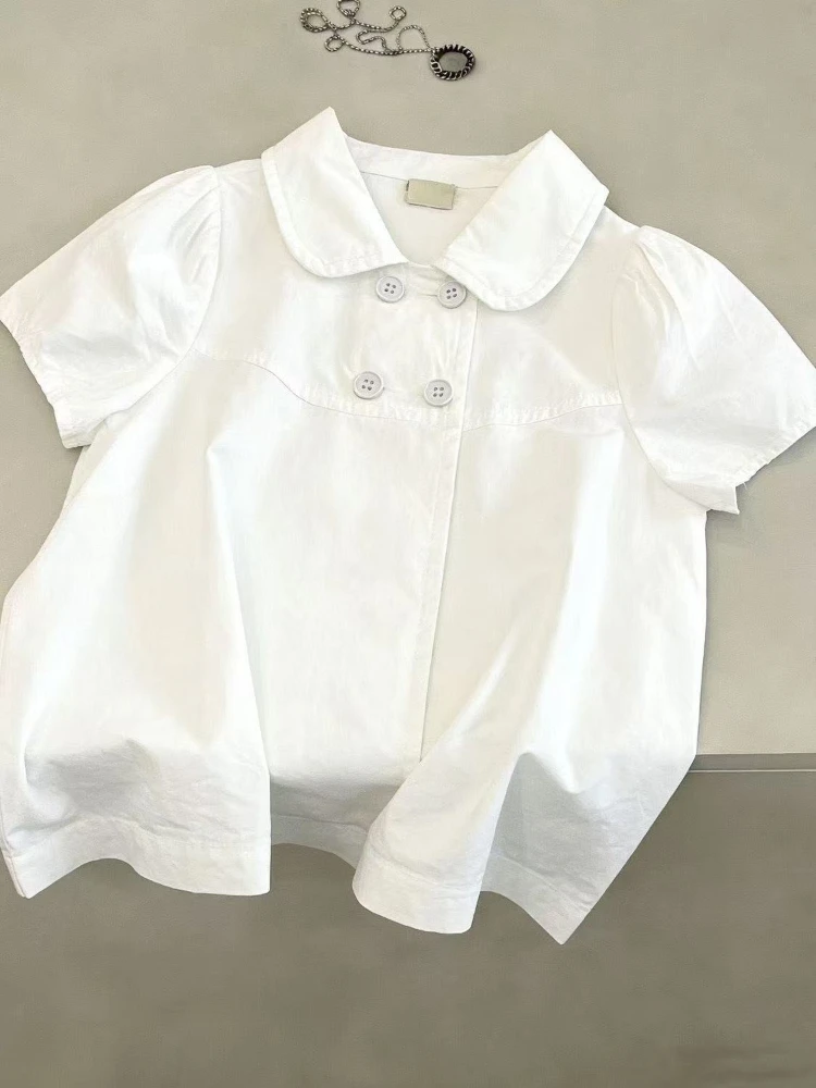Cute Vintage French Korean Fashion Solid White Peter Pan Collar Puff Sleeve Double Breasted Blouse Tops Women Girls Casual Wear