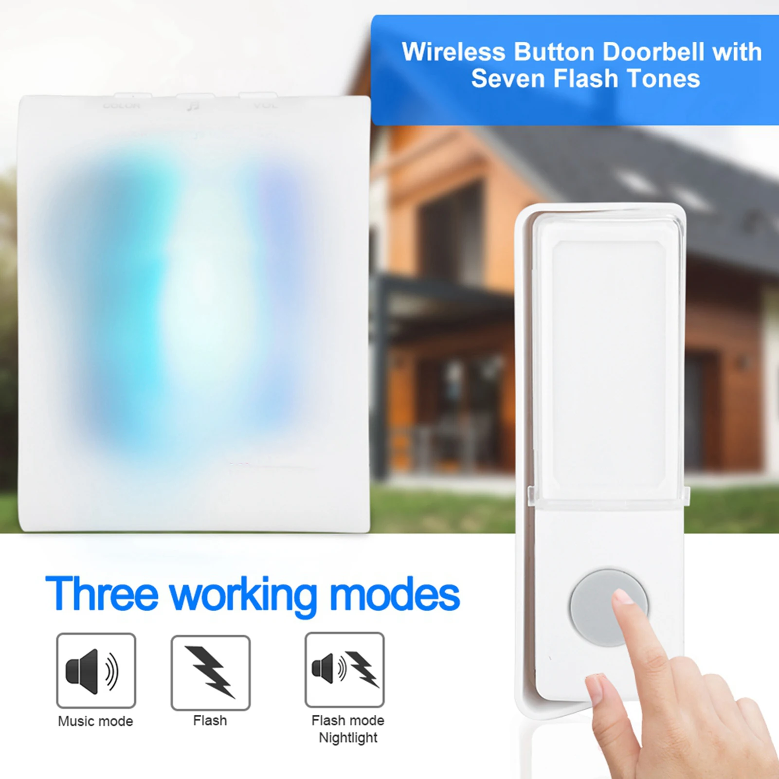 Button Door Bell Elderly Caller Wireless Button Door Bell Patient Elderly Deaf Caller with 7 Kinds of Flash Lamp Color Tones