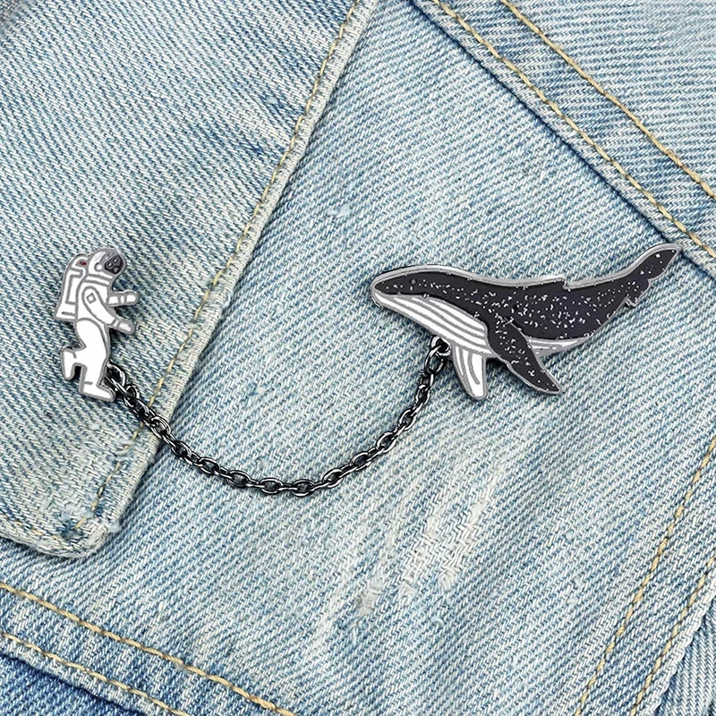 

Universe Travel Astronaut and Whales Enamel Pin Cartoon Fish Brooch Out Space Label Pins Denim Jackets Brooches Badge Gifts