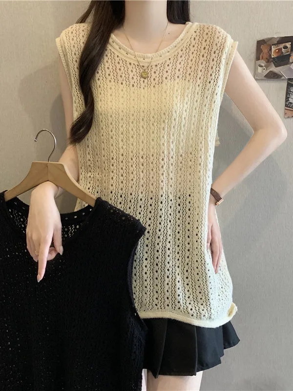 

Вязаный жилет с ажурным узором, больших размеров, женский, летний, новый стиль, с круглым вырезом, утягивающий, универсальный топ-накидка