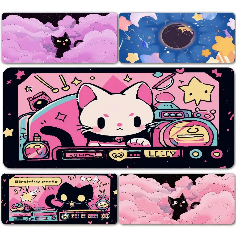Black Cat and Clouds Keyboard Mat, Extended Mouse Pad with Stitched Edges, Office Desk Protector, Pink and Purple, XXL