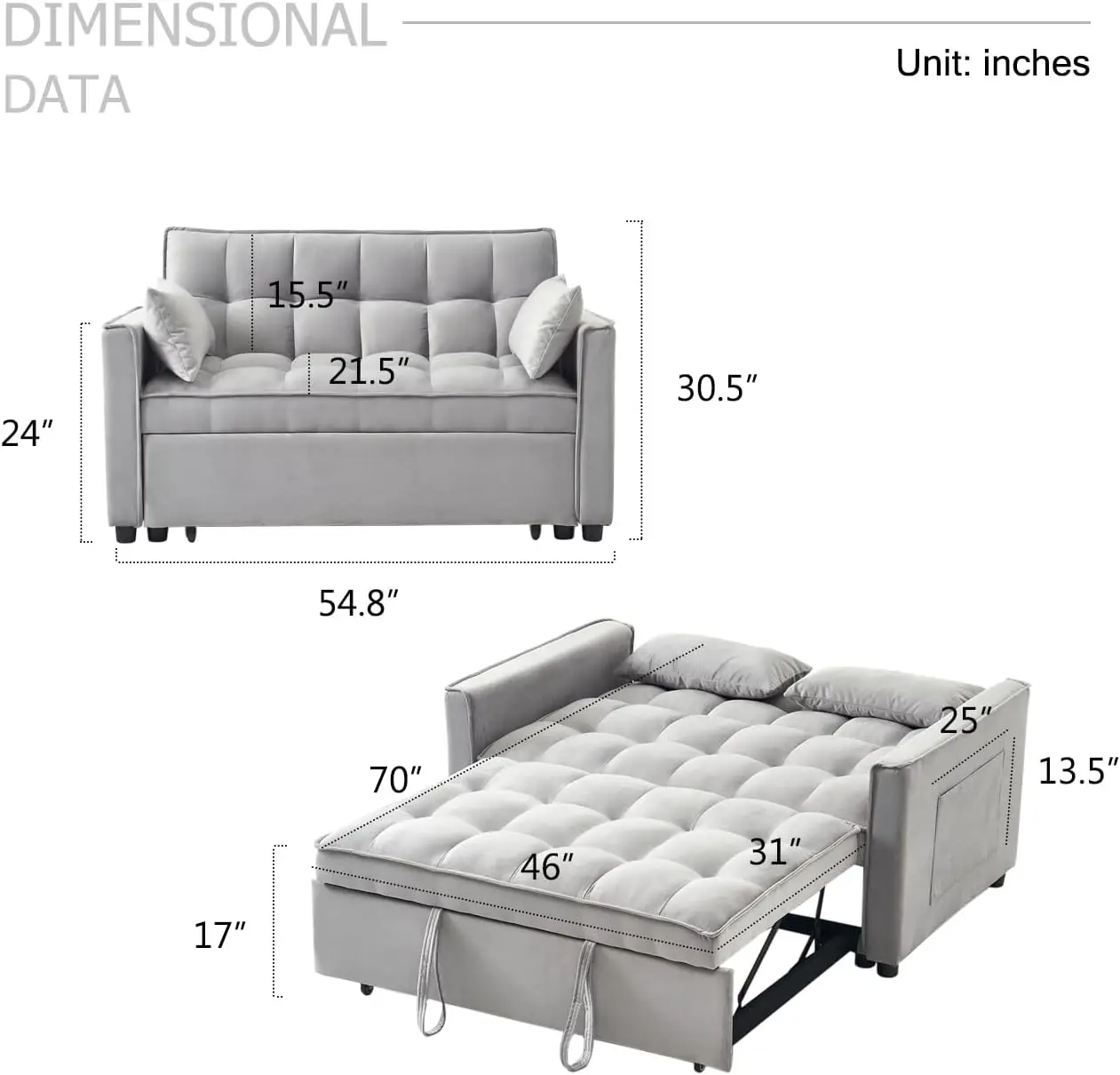 Sofa Bed, 3 in 1 Sleeper Sofa Couch Bed with Armrests, Storage Pockets and 2 Pillows, Adjustable Backrest,