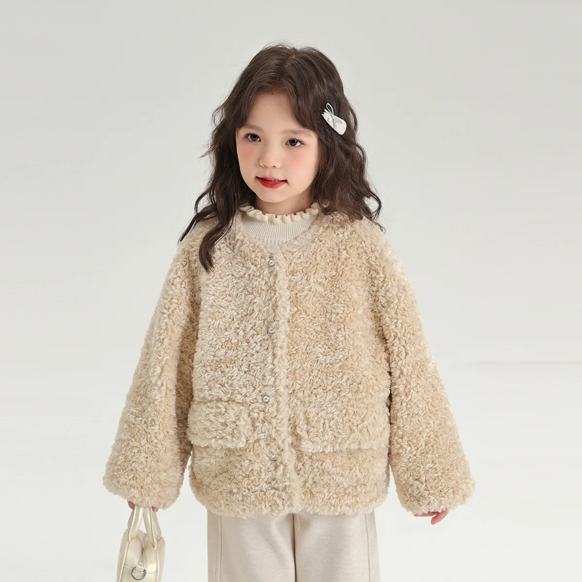 Girls Khaki Coat 2024 Autumn Winter New Wool Roll Girls Coat Soft and Smooth Baby Girls Small Fragrant Wind Thick Coat Clothes