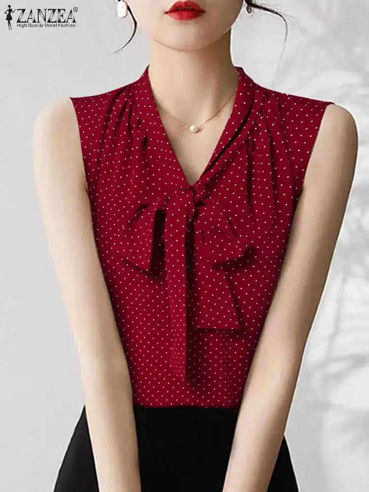 ZANZEA Office Bowknot Blouse Women Sleeveless Tanks 2024 Summer Polka Dot Tank Tops Elegant Blusas Casual Thin Oversized Tunics