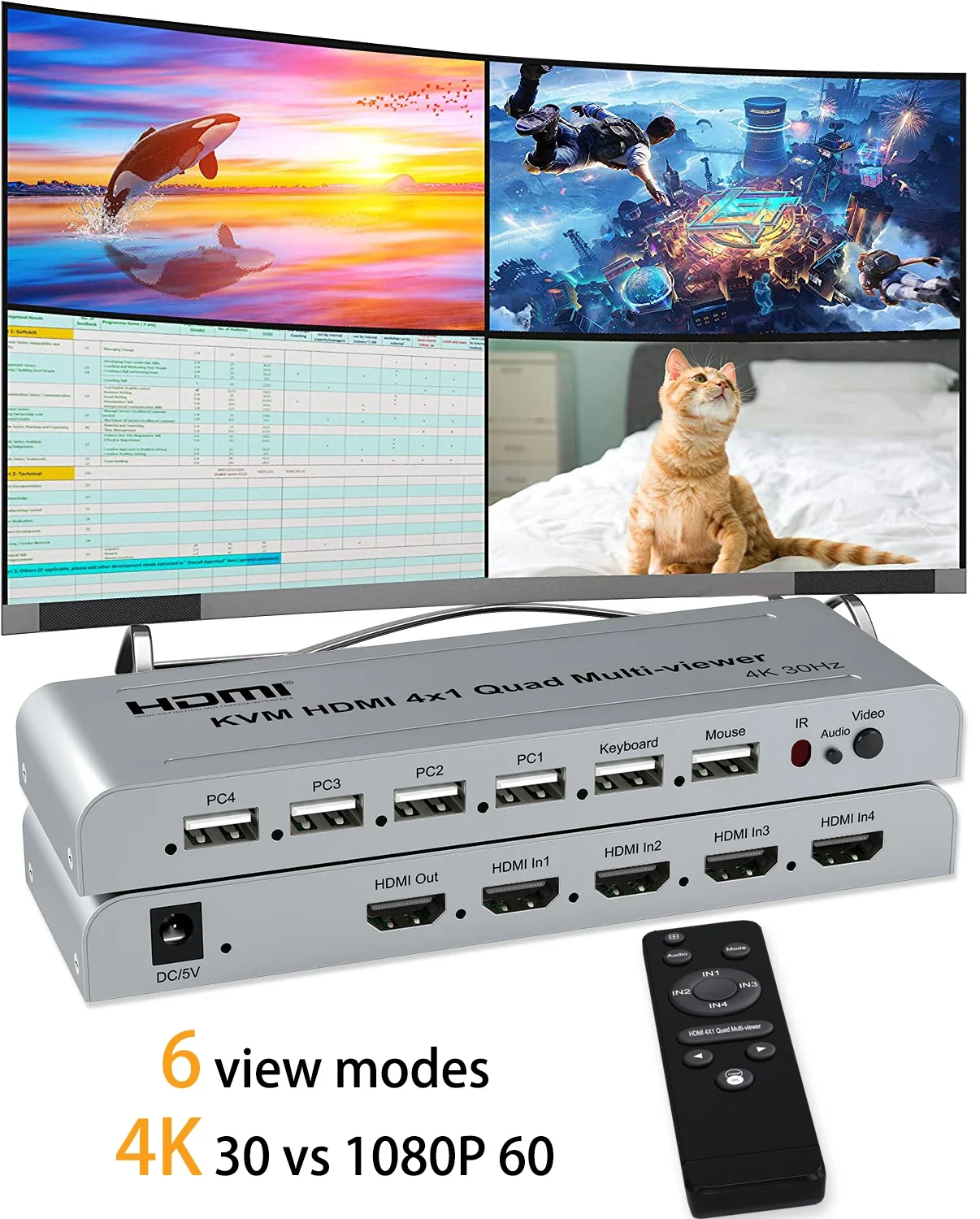 

4K HDMI Multiviewer 4x1 Quad Multi-viewer Seamless Switcher 4 In 1 Out 1080p 60hz 6 Split Modes for PS4 Camera PC To TV Monitor