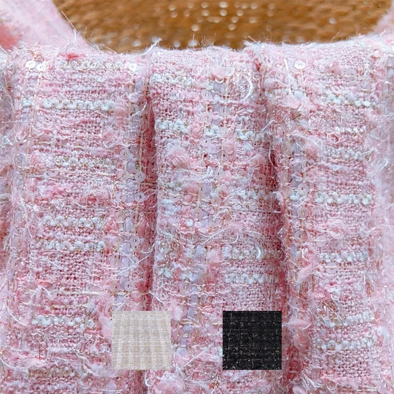 

Pink Color Lattice and Sequin Yarn-Dyed Braide Tweed Fabric For Autumn Jacket Dress Suit Coat DIY Cloth Sewing Material