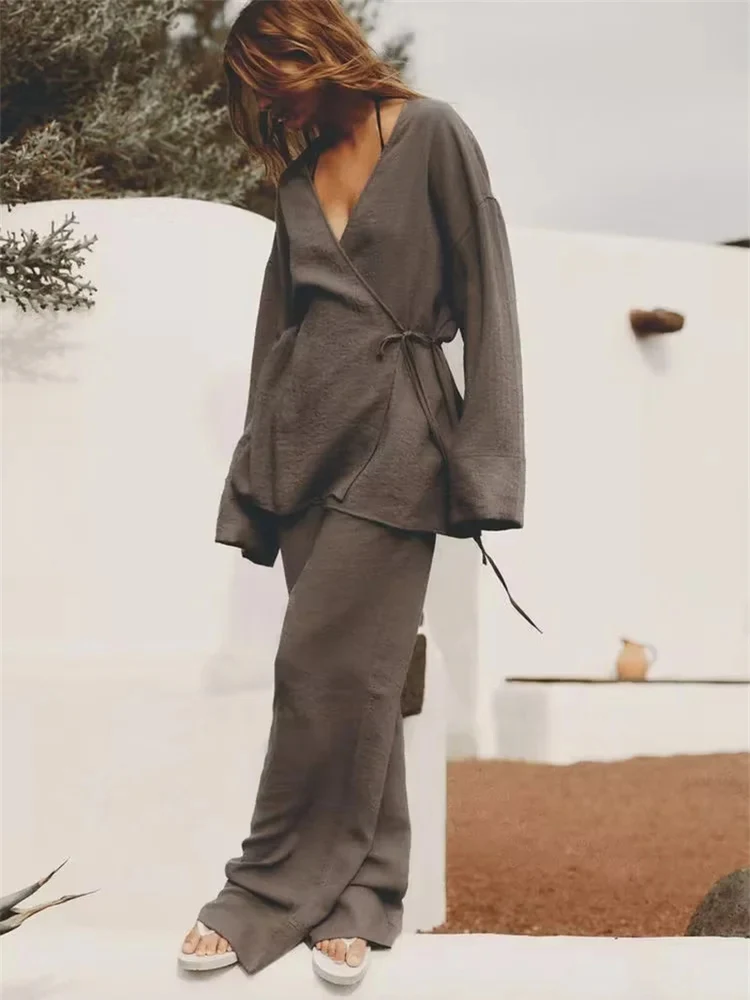 

Summer Casual Kimono Sle Women's Faion Double-breasted Set Long Pants V-ne Cotton Spwear Sle Ensemble