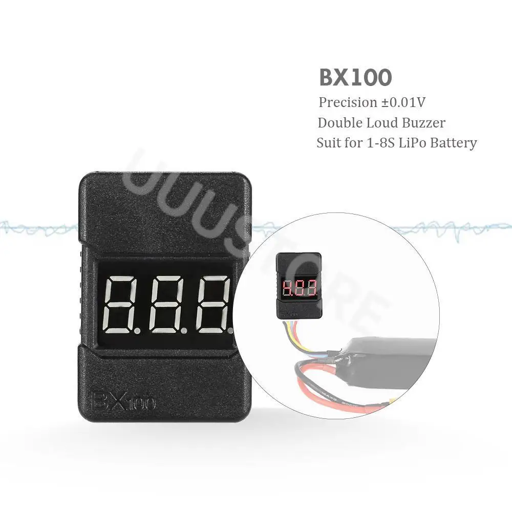 BX100 1-8S Lipo Battery Voltage Tester Low Voltage Buzzer Alarm Battery Voltage Checker with Dual Speakers for RC Drone Airplane