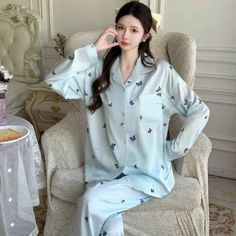 French Literary Aesthetics Design Women's Pajamas Autumn Chic Butterfly Y2k Blue Homewear Spring New Simulated Silk Pajamas