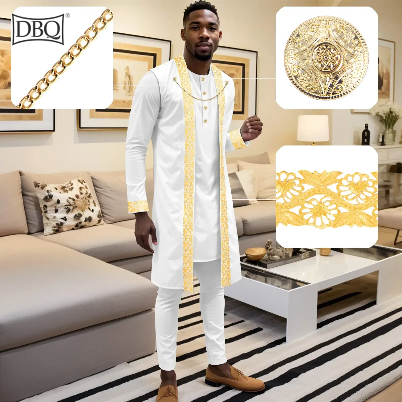 DBQ Men's African Traditional 2 Piece Suit Set Gold Embroidery Chain Dashiki Shirt And Pants Outfit for Special Occasions
