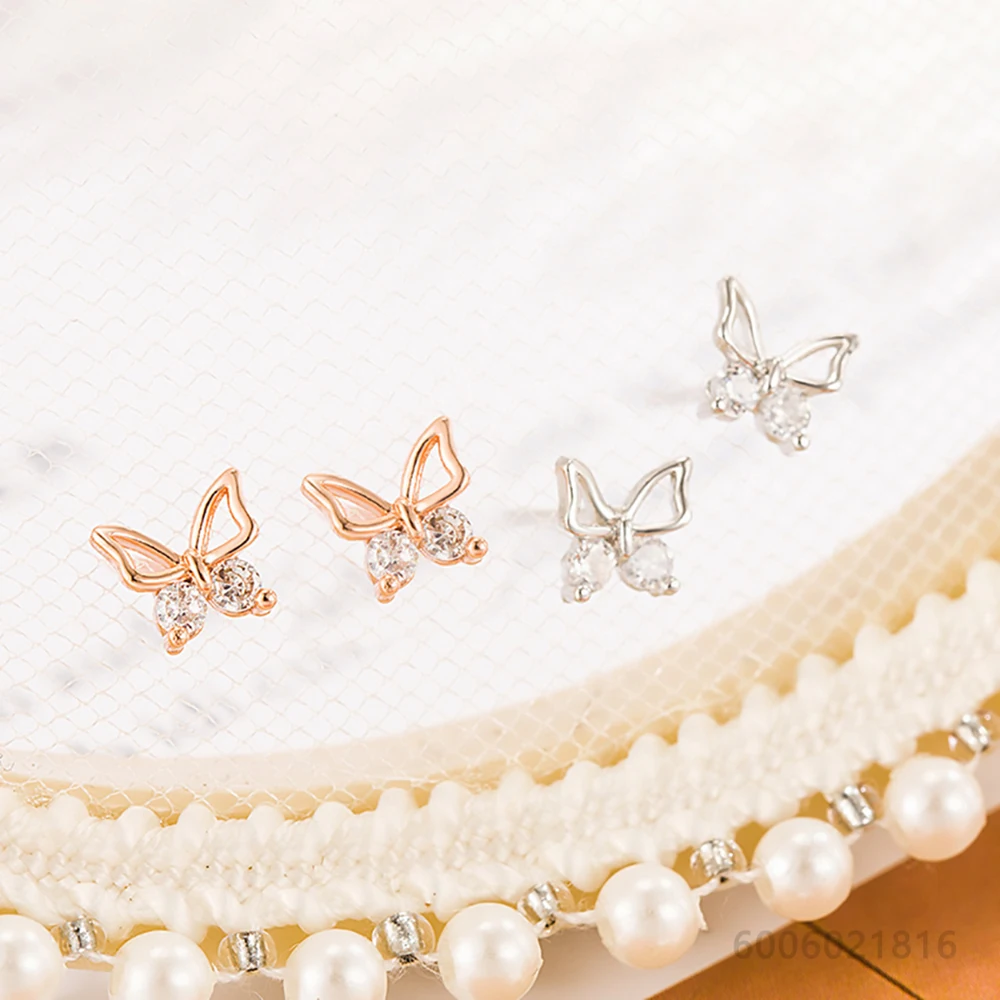 925 Sterling Silver Gold Zircons Butterfly Stud Earrings For Woman Engagement Party Wedding Accessories Gift Fashion Jewelry