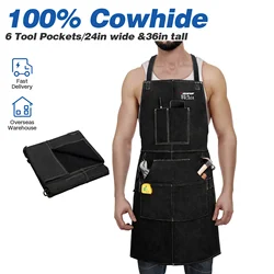 ARCCAPTAIN Delantal de trabajo de soldadura de cuero Delantales de soldadura de herrero de piel de vaca resistentes al calor con 6 bolsillos para herramientas para trabajos de soldadura