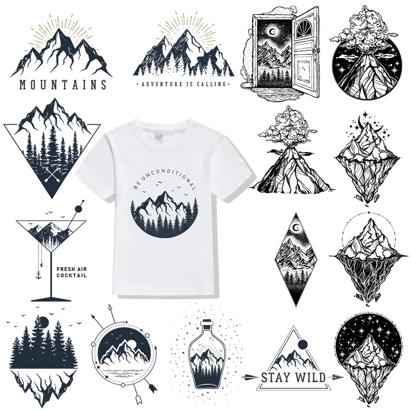 Black Snow Mountains Iron on Patches Heat Transfer Stickers Boy DIY T-shirt Badges Clothing Apploque Press Printing Decor