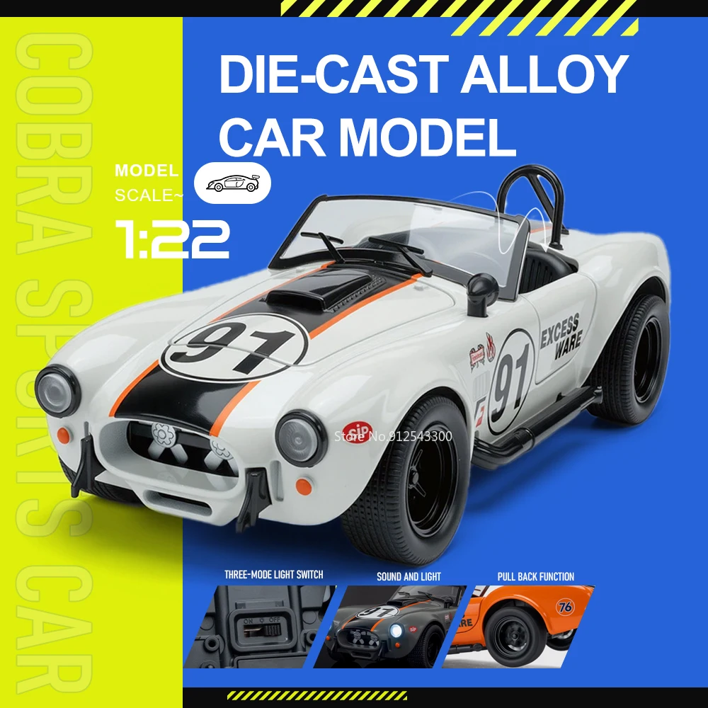 

Scale 1:22 Cobra P1 GTR Car Model Toy Doors Opened Sound Light Vehicle Front Wheel Steer Shock Absorption Cars Hobby Collection