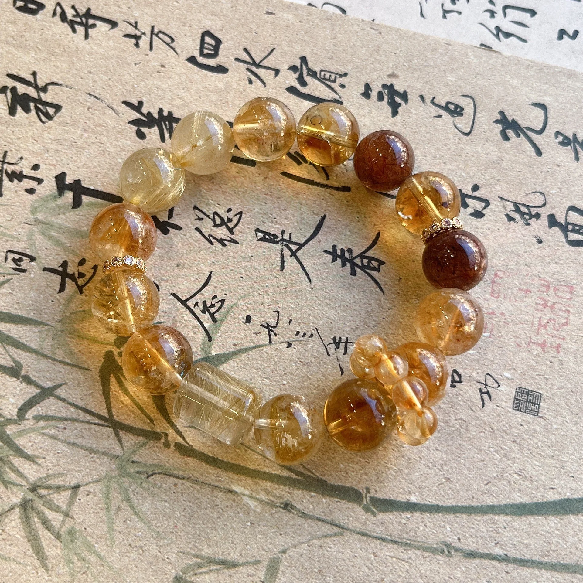 Large Bead Bracelet Column-Shaped Bead Yellow Tourmaline Crystal Gold Color Gift for Best Friend Single Piece