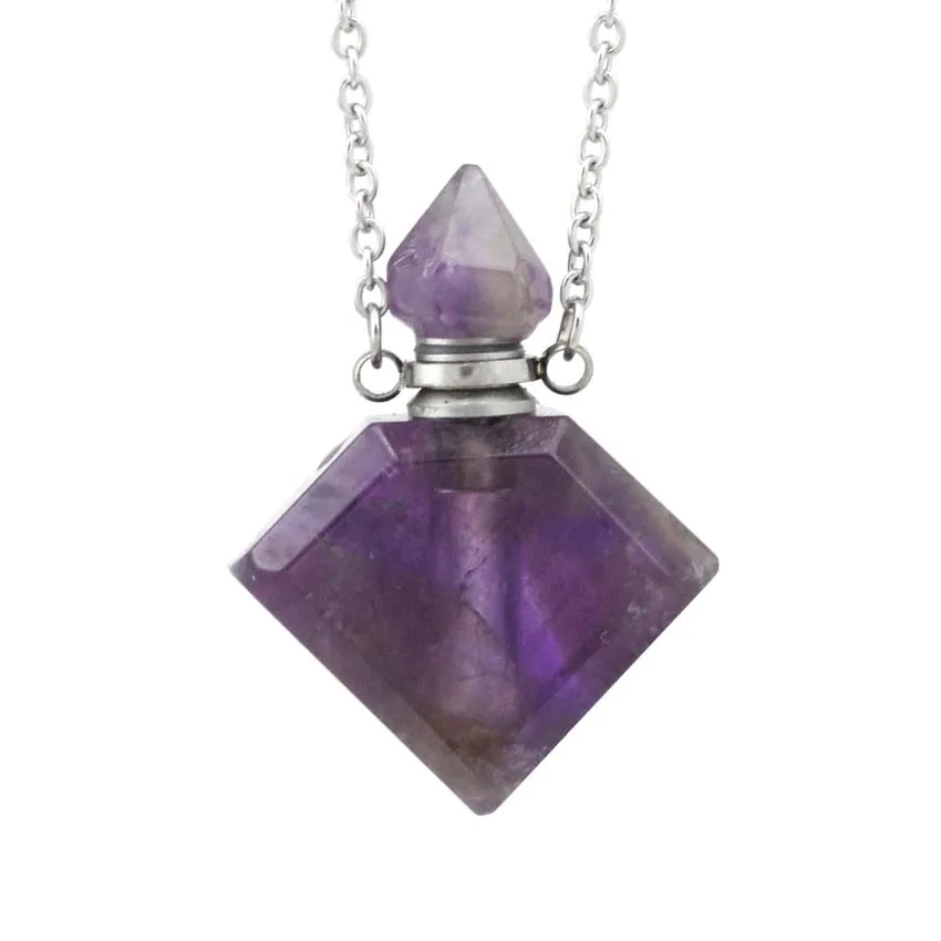 

Crystal Stone Perfume Bottle Pendant Necklace For Women Natural Amethyst Fluorite Stone Pendant Stainless steel Chain Jewelry