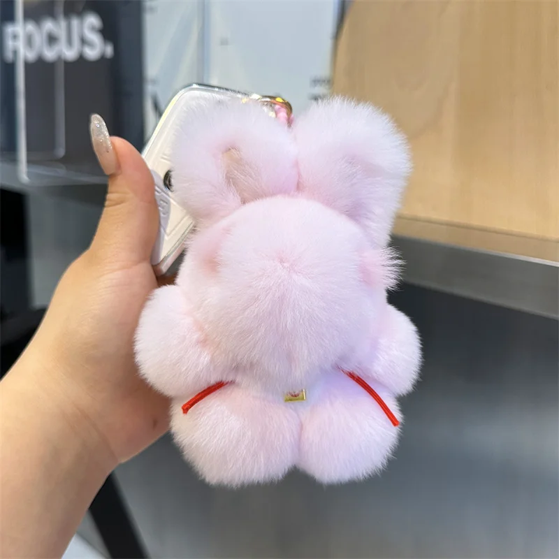 2024 Multicolor Rabbit Keychain Ring Fluffy Real Fur Pompom Bunny Trinket Key Chain Charm Cute Ring On Bag Car Key Pendnat image 4